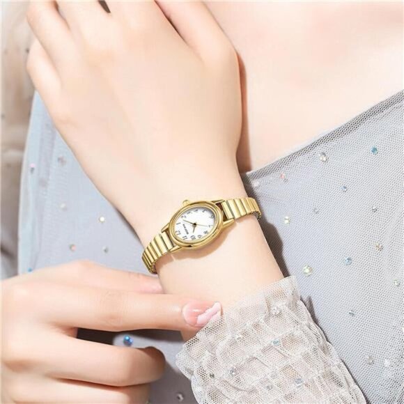 Gold Quartz Watch for Women Small Dial Stainless Steel Stretch Band Waterproof - Picture 6 of 7